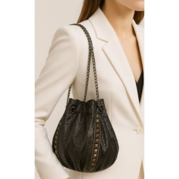 Imoshion 10"x 9" Studded Bucket Shoulder Chain Black Bag – Edgy Glam Rock Chic - Picture 5 of 13